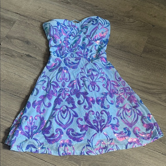 Strapless Blue and Purple Patterned Dress criss cross back with zipper - Picture 1 of 7
